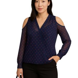 Maurices Medium Navy Blue Floral Sheer Cutout Blouse Faux Wrap Office Balletcore